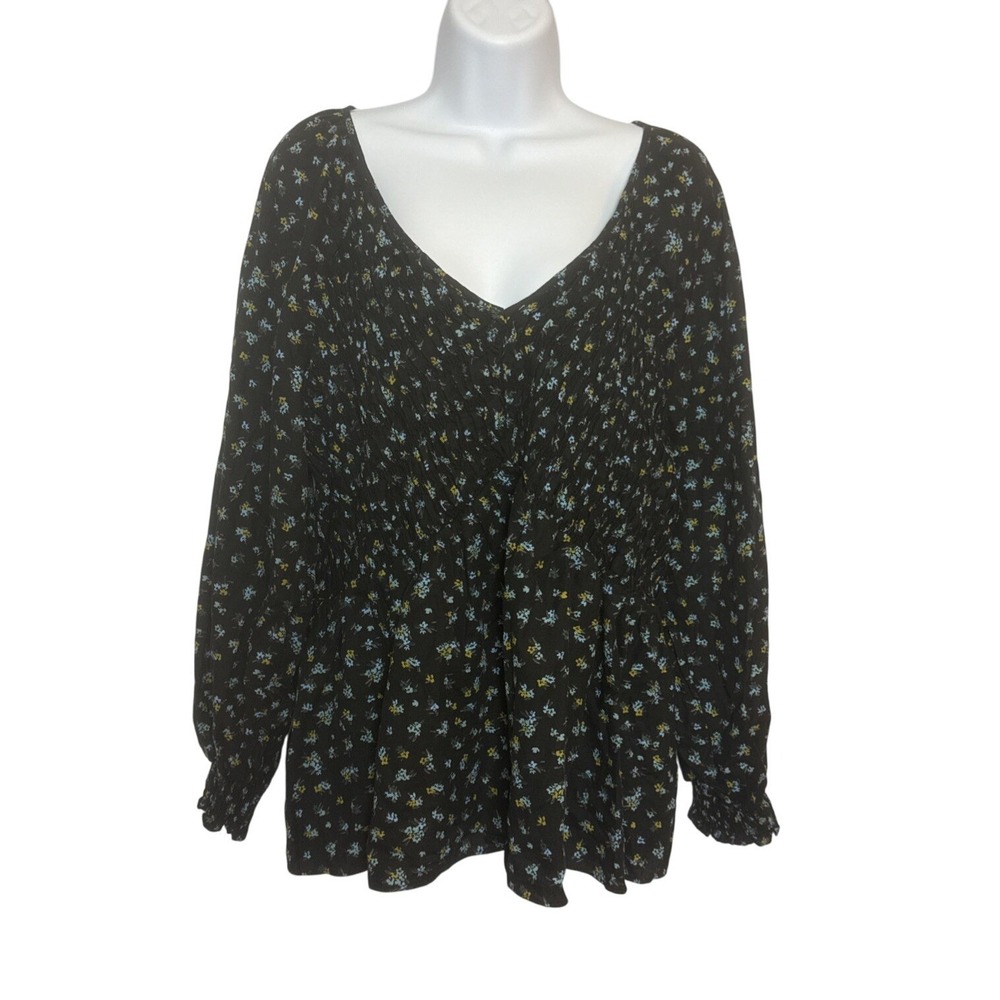 Ava‎ & Viv Top 1X Black Floral Puff Sleeve Blouse Dark Romantic Smocked Sheer